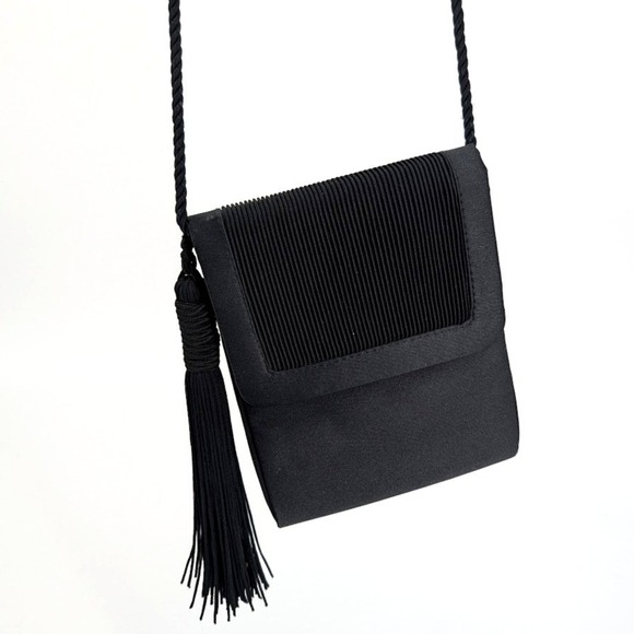 Lord & Taylor Vintage Black Satin Evening Bag Pleated Tassel Crossbody Clutch - Picture 5 of 12